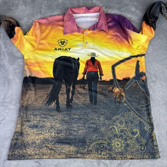 Ariat Polo Shirt Mens Extra Large Multicolor Sunset Western Graphic Long Sleeve - Picture 8 of 14